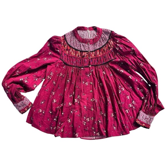 Free People Paloma Floral Button Up Peasant Blouse Top Berry Combo, sz S - Picture 2 of 11